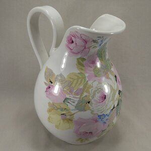 Vintage Bellini Italy Pitcher Floral Bouquet Pink Rose Water Jug 10.5" Majolica